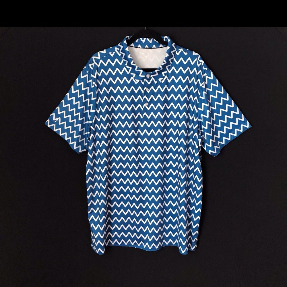 PPolaflon Comfortable Polo Mens 2XL Golf Unique Blue White Zig Zag Shorts Sleeve